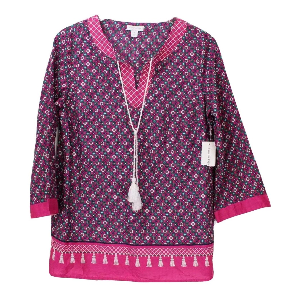 Charter Club Boho Tunic Top Pink 3/4 Sleeves Cotton Coastal Preppy Small